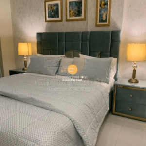 Brass look king size upholstery bed with two side tables