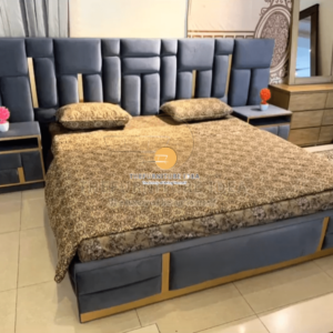 King size full back bed set brass wood along with two side tables