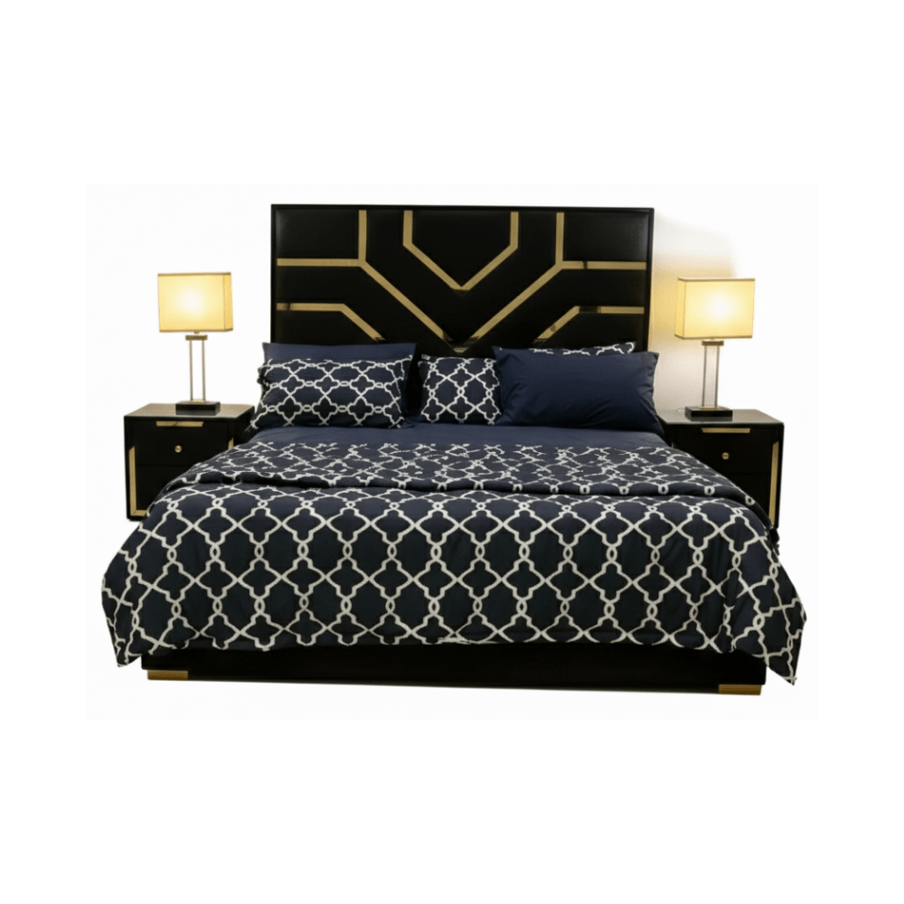 Premium Brass Look King Size Bed – Velvet & Wood Luxury