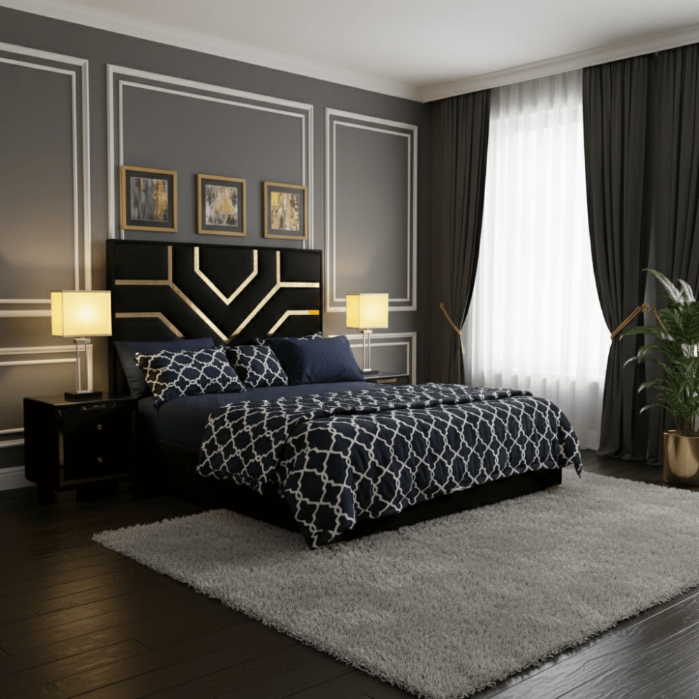 Premium Brass Look King Size Bed – Velvet & Wood Luxury - Image 2